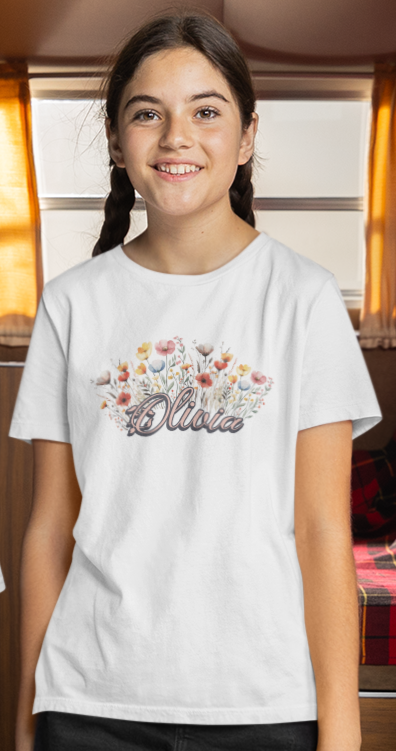 Custom Pink Name Flower Youth Shirt