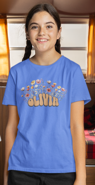 Custom Orange Retro Name Flower Youth Shirt