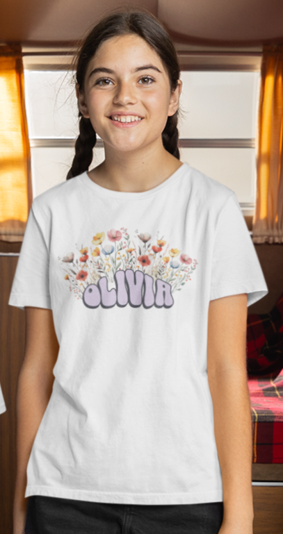 Custom Purple Retro Name Flower Youth Shirt