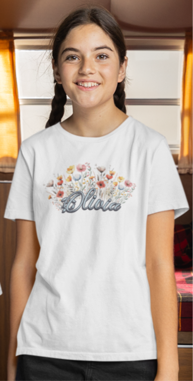 Custom Blue Name Flower Youth Shirt