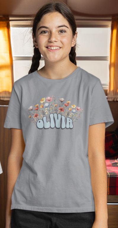 Custom Blue Retro Name Flower Youth Shirt