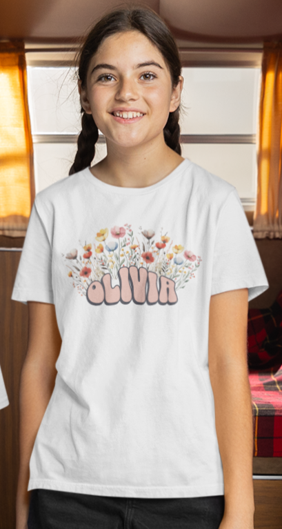 Custom Pink Retro Name Flower Youth Shirt