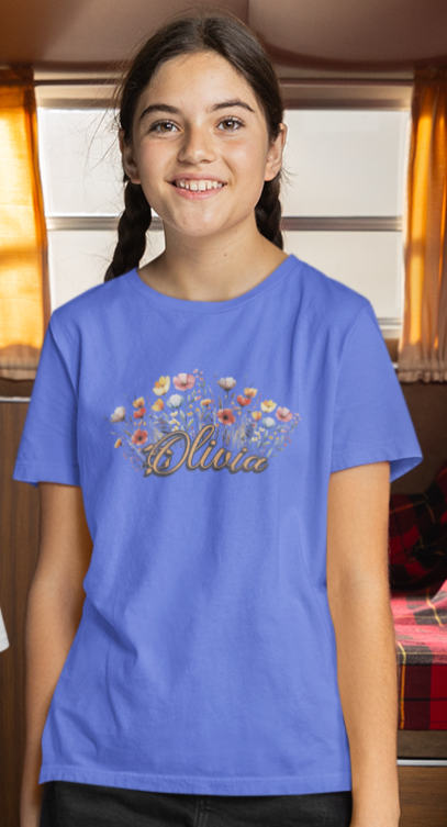 Custom Orange Name Flower Youth Shirt