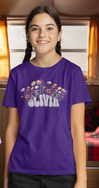 Custom Purple Retro Name Flower Youth Shirt
