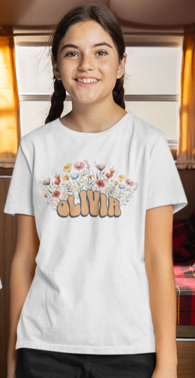 Custom Orange Retro Name Flower Youth Shirt