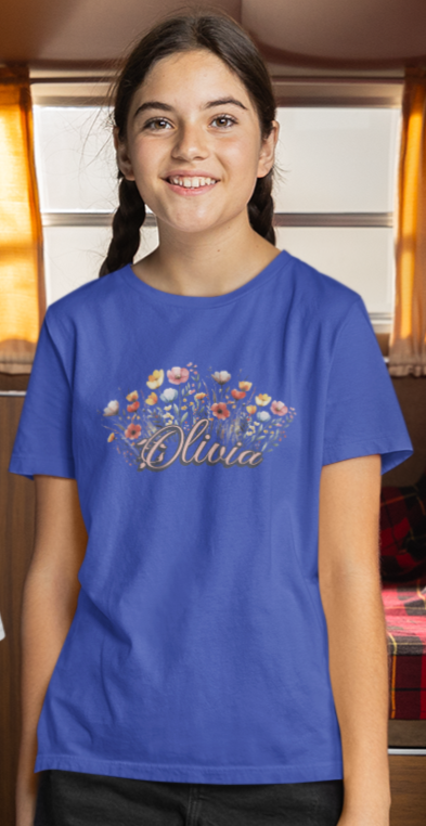 Custom Pink Name Flower Youth Shirt