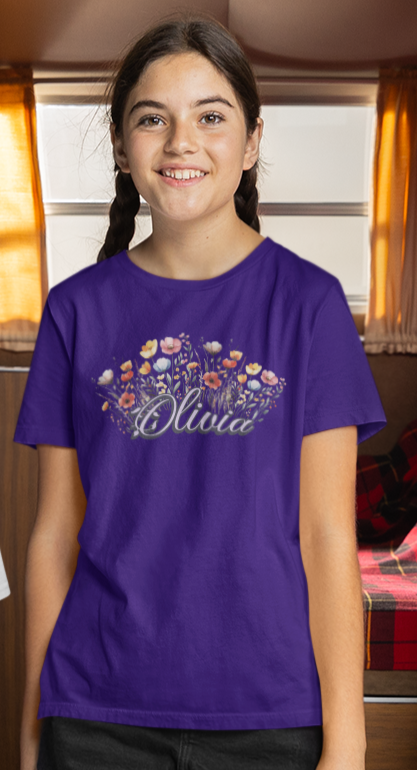 Custom Purple Name Flower Youth Shirt