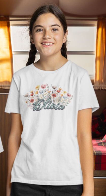 Custom Green Name Flower Youth Shirt