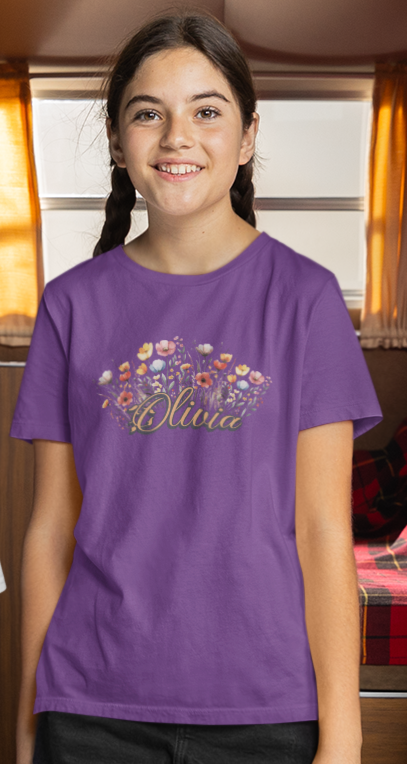 Custom Orange Name Flower Youth Shirt