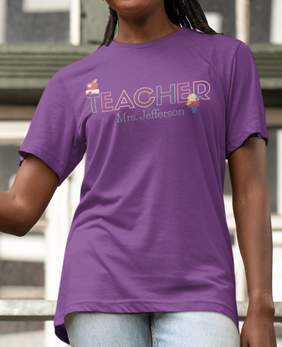 Custom Teacher Outline Lettering Flowers Short Sleeve Tee
