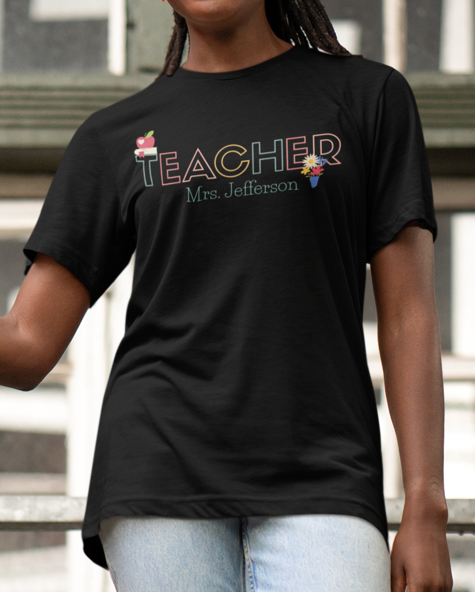 Custom Teacher Outline Lettering Flowers Short Sleeve Tee