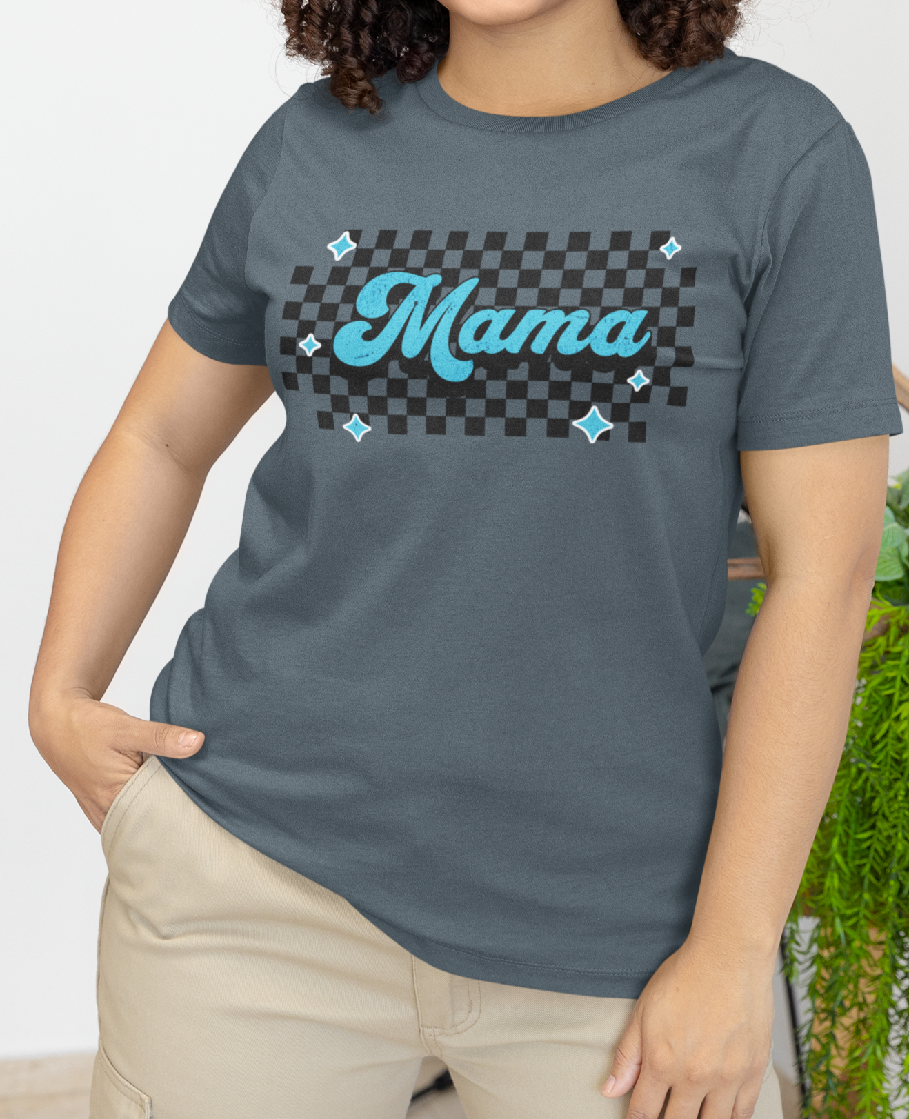 Blue Checkered Mama Short Sleeve Tee