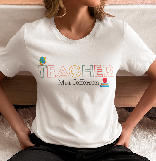 Custom Teacher Outline Lettering Boho Globe Short Sleeve Tee
