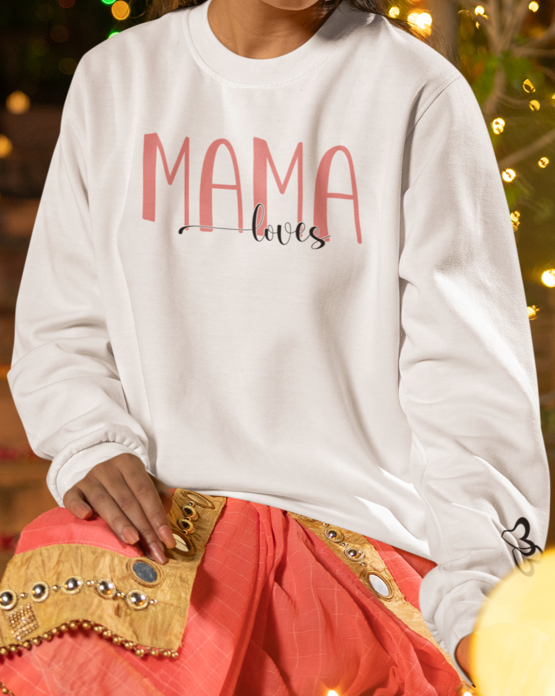 Custom Pink Mama Loves Heart Sleeve Sweatshirt