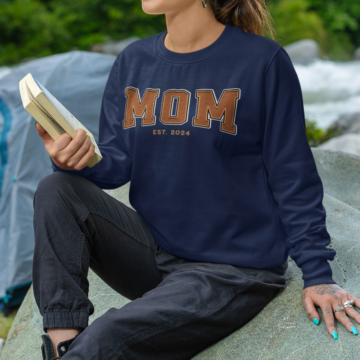 Mom Est 2024 Orange College Letter Sweatshirt