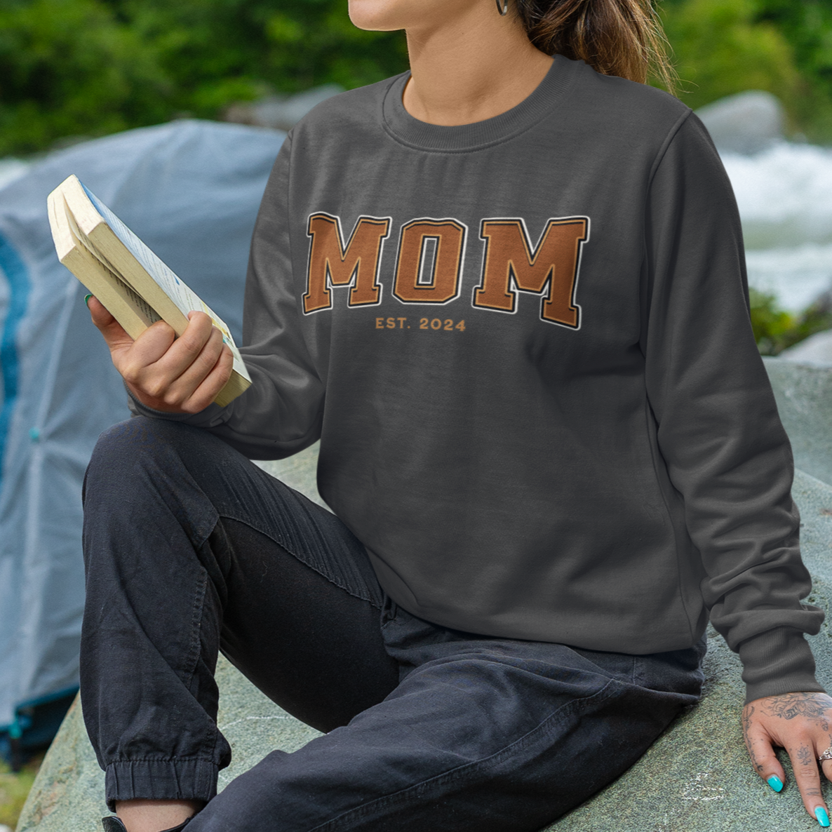 Mom Est 2024 Orange College Letter Sweatshirt