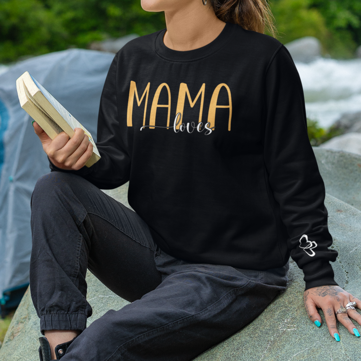 Custom Yellow Mama Loves Heart Sleeve Sweatshirt