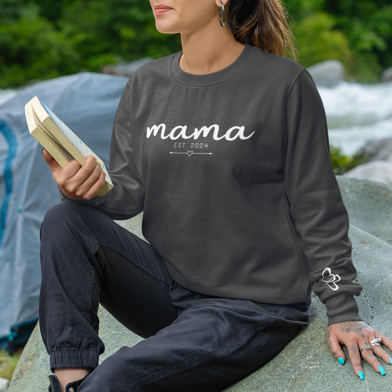 Custom Mama Est 2024 Heart Arrow Sleeve Sweatshirt