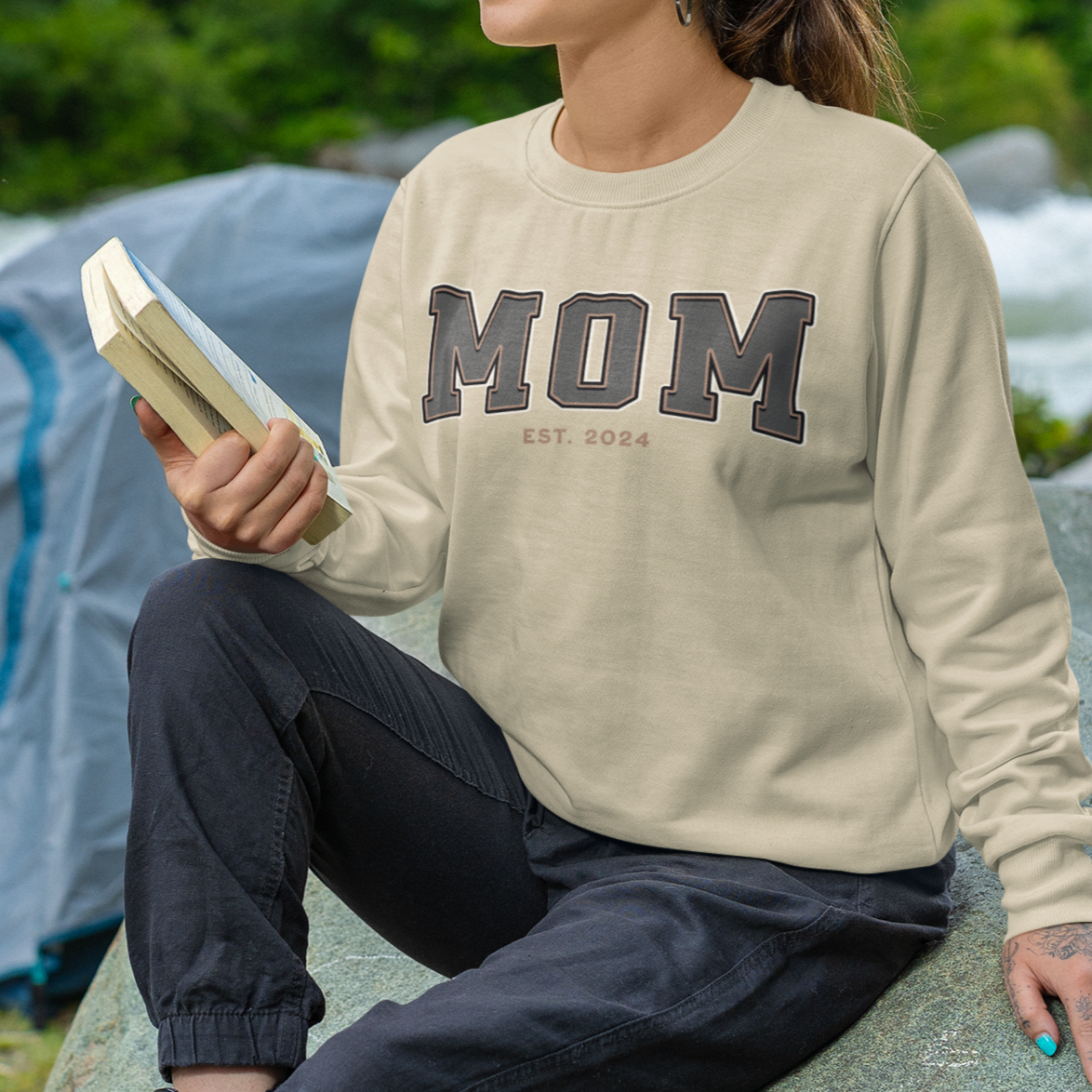 Mom Est 2024 Grey Tan College Letter Sweatshirt