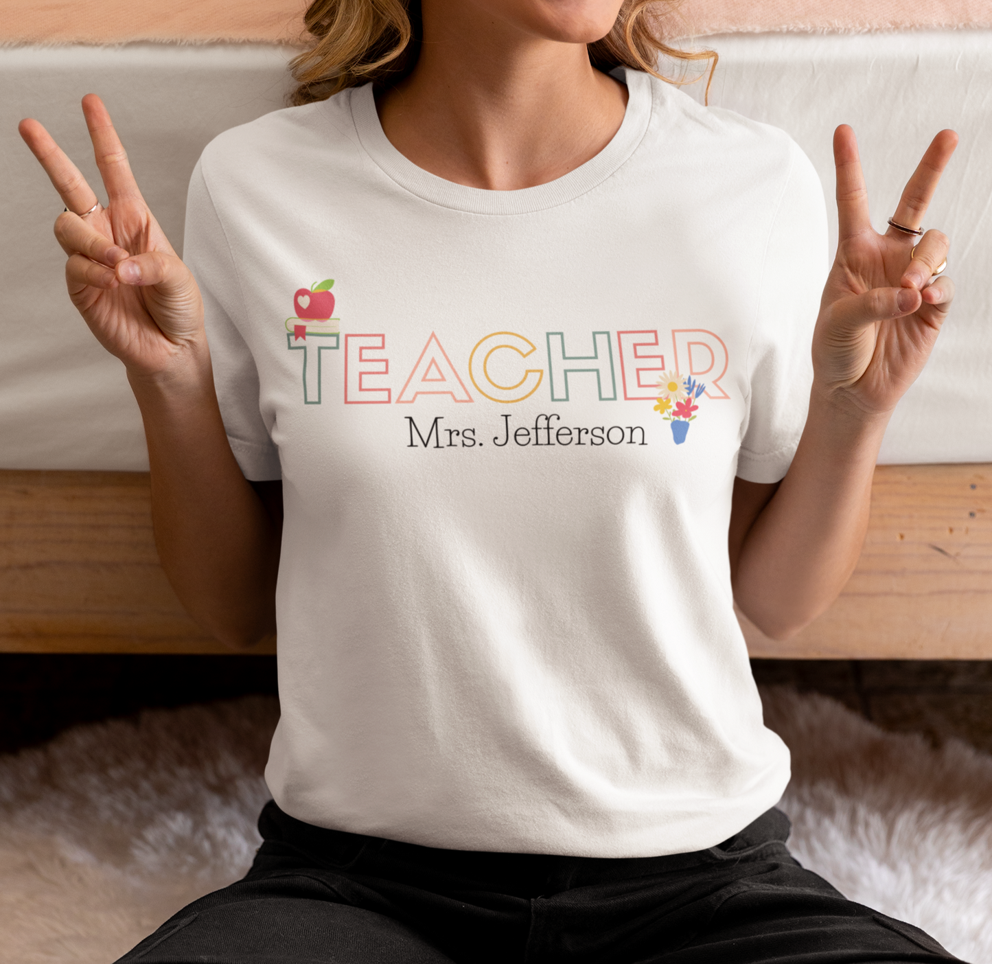 Custom Teacher Outline Lettering Flowers Short Sleeve Tee