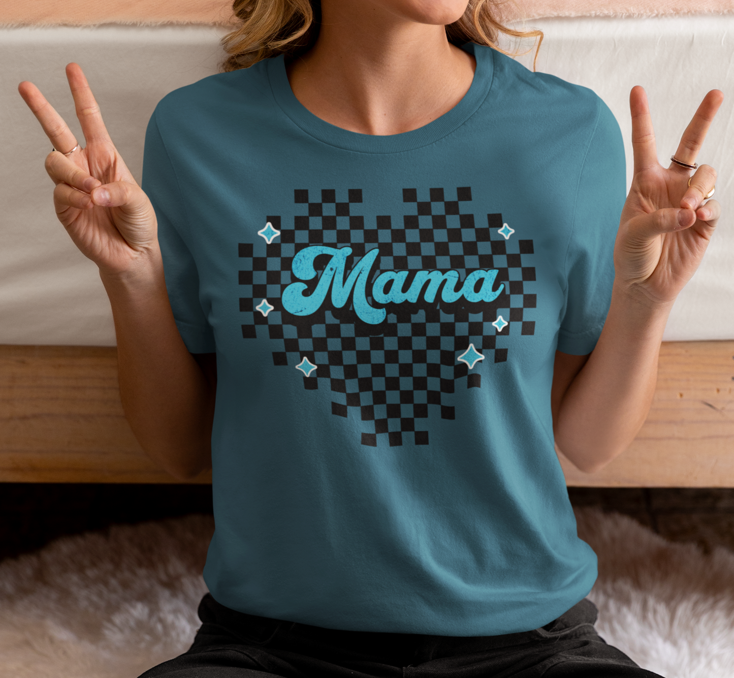 Blue Heart Checkered Mama Short Sleeve Tee