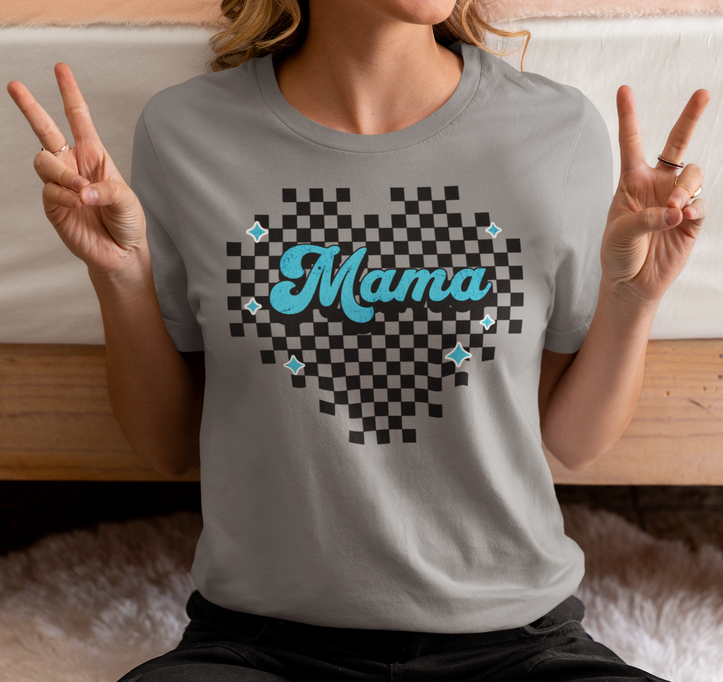 Blue Heart Checkered Mama Short Sleeve Tee
