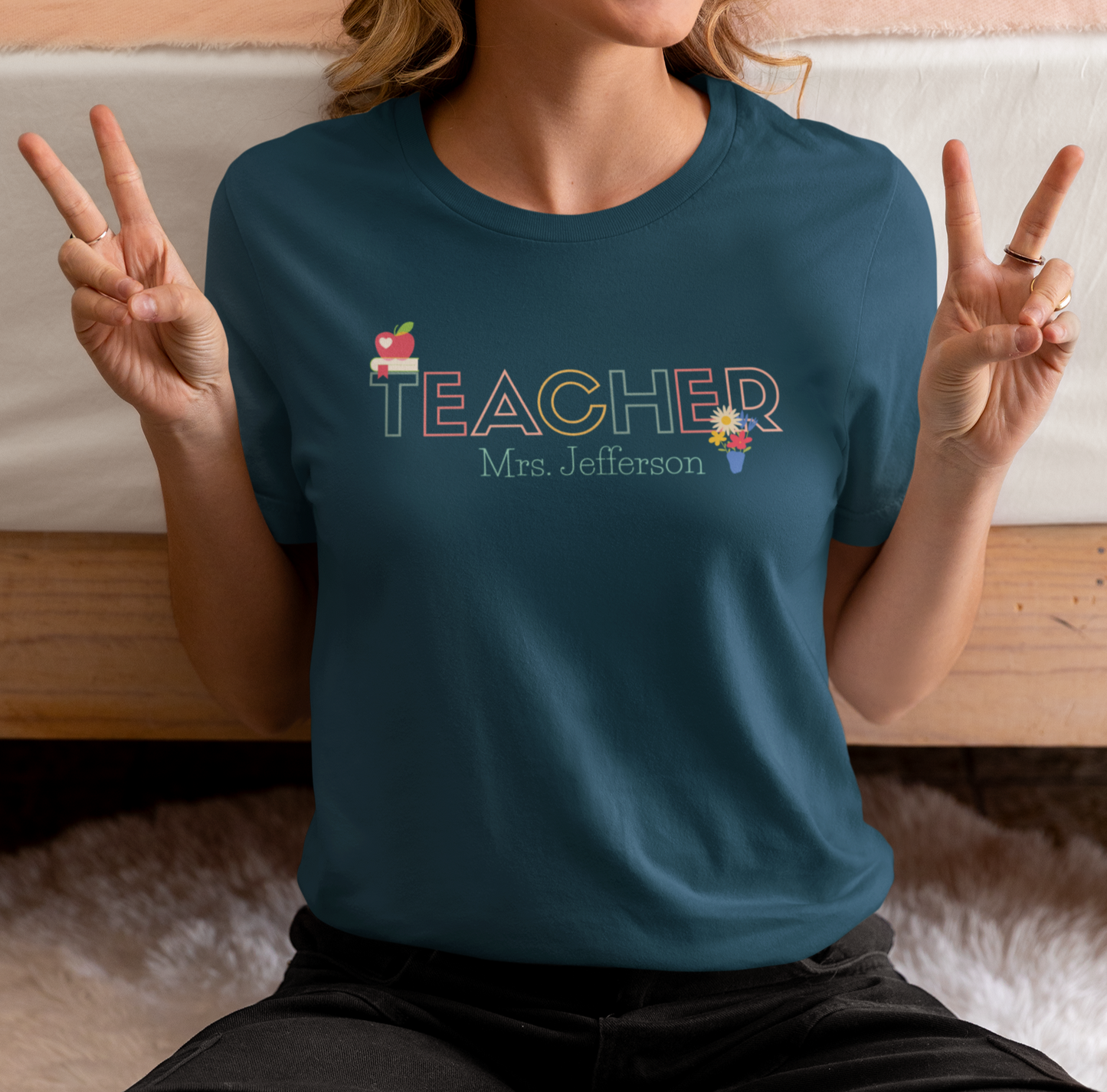 Custom Teacher Outline Lettering Flowers Short Sleeve Tee