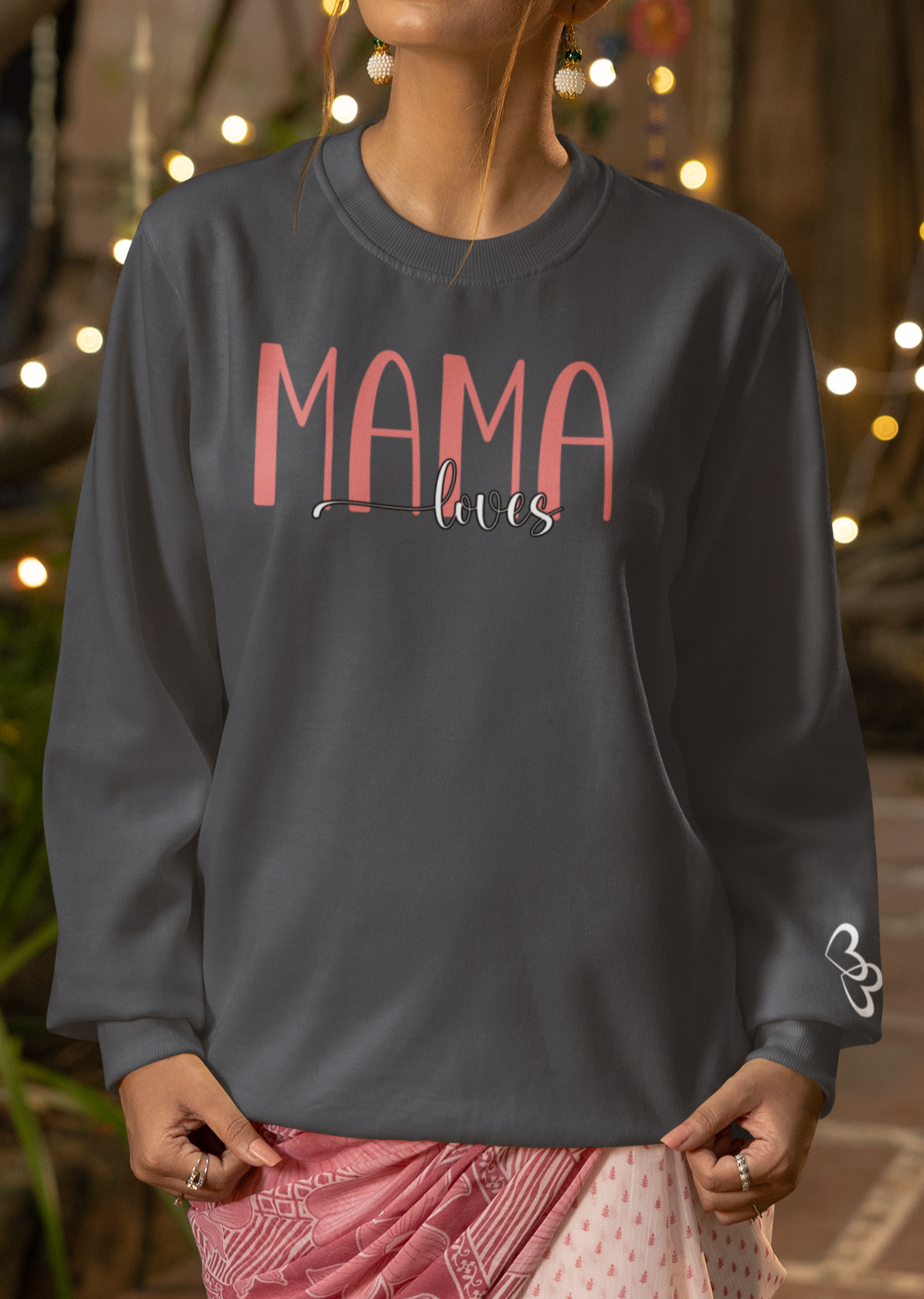 Custom Pink Mama Loves Heart Sleeve Sweatshirt