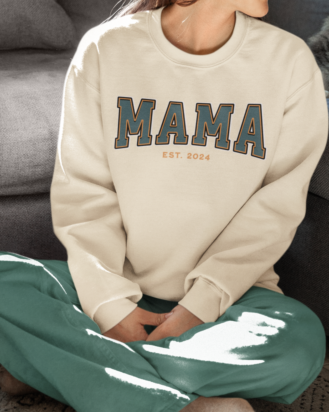 Mama Est 2024 Teal Orange College Letter Sweatshirt