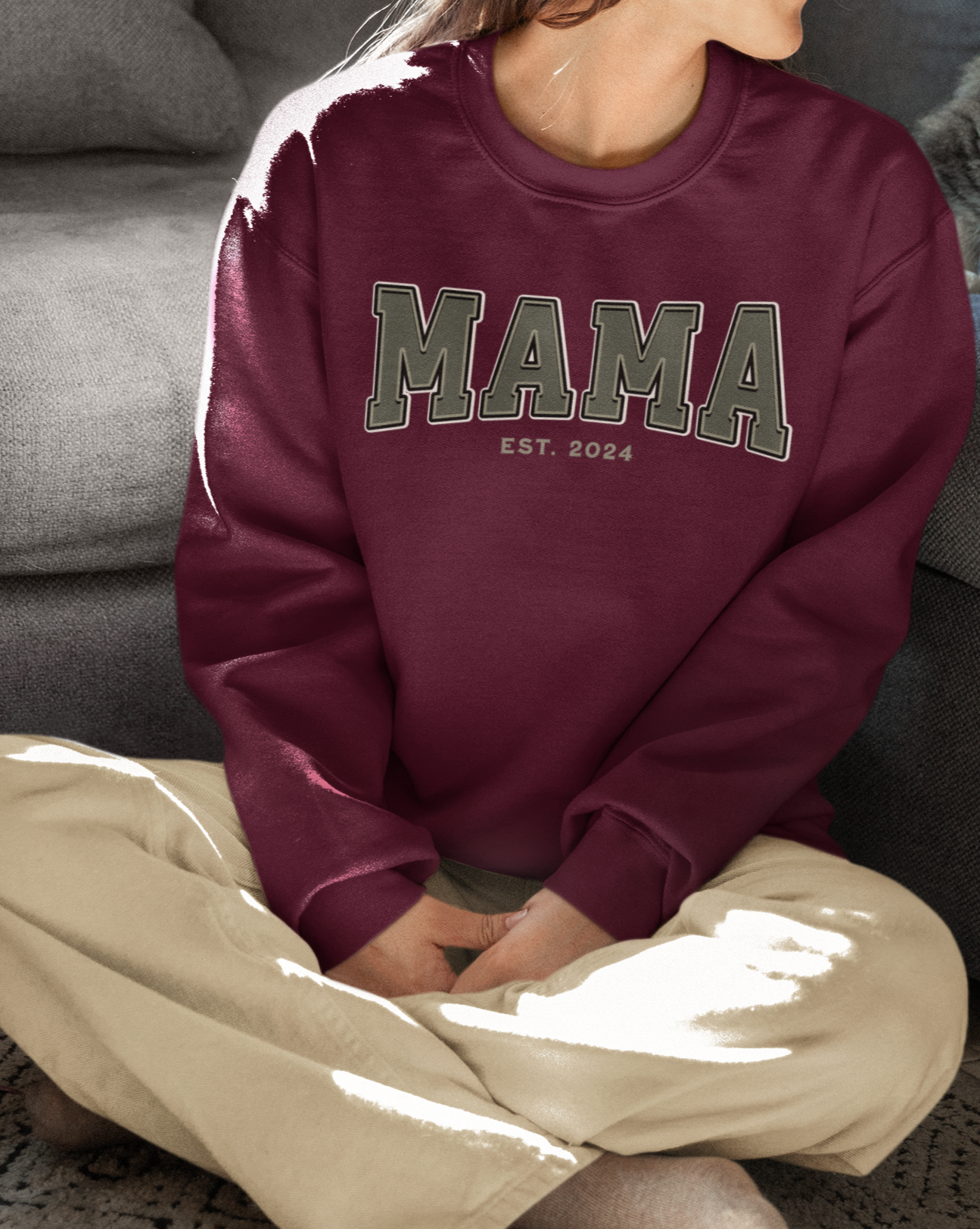 Mama Est 2024 Army Green College Letter Sweatshirt