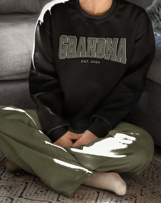 Grandma Est 2024 Army Green College Letter Sweatshirt