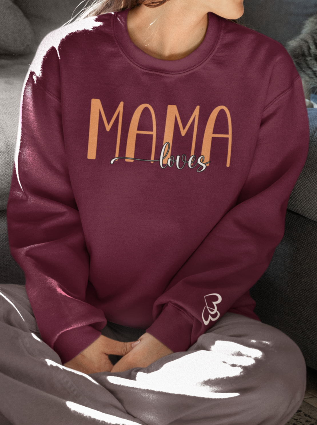 Custom Orange Mama Loves Heart Sleeve Sweatshirt
