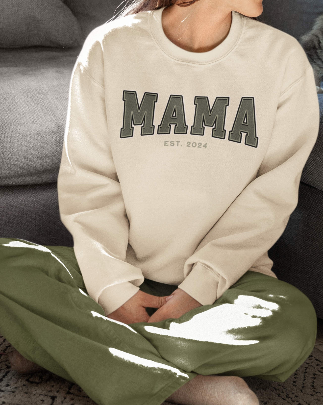 Mama Est 2024 Army Green College Letter Sweatshirt