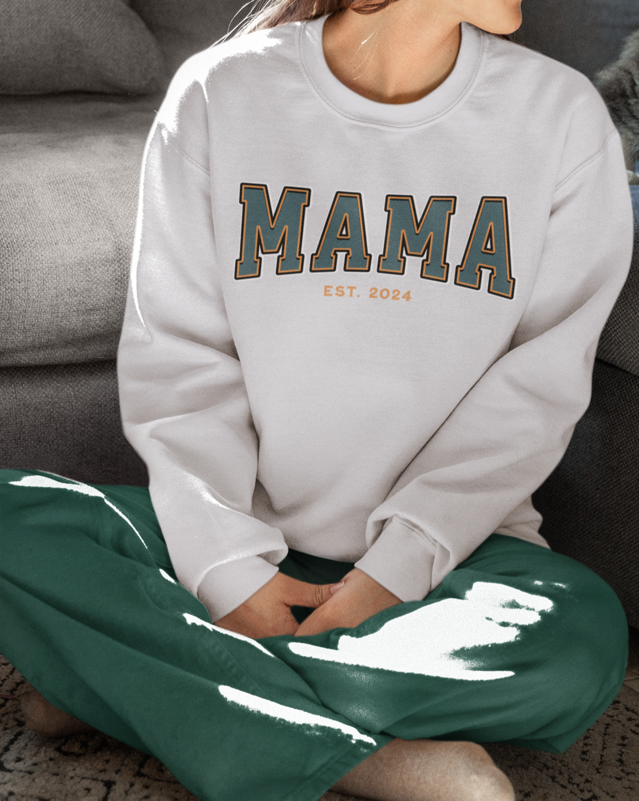 Mama Est 2024 Teal Orange College Letter Sweatshirt