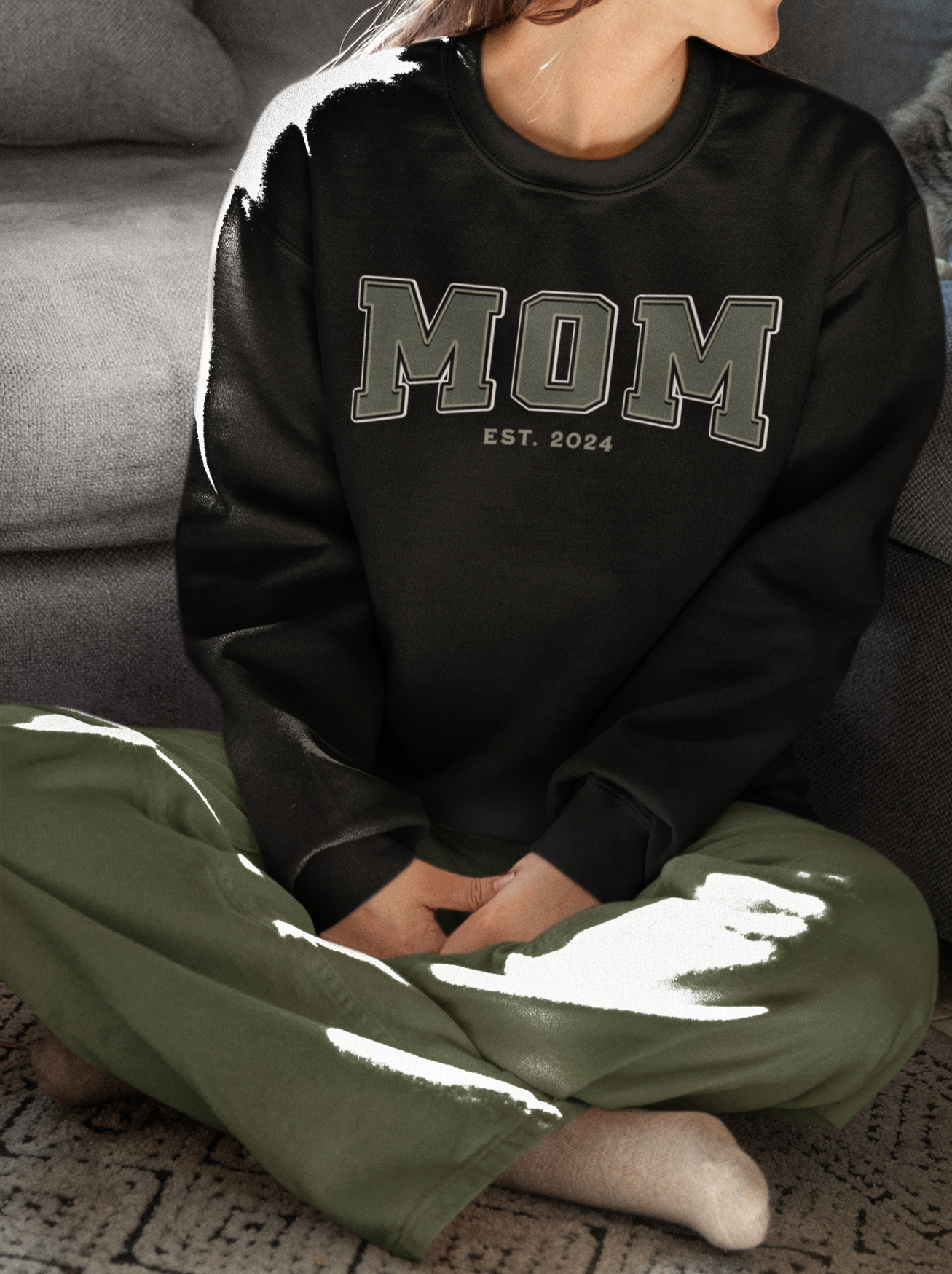 Mom Est 2024 Army Green College Letter Sweatshirt