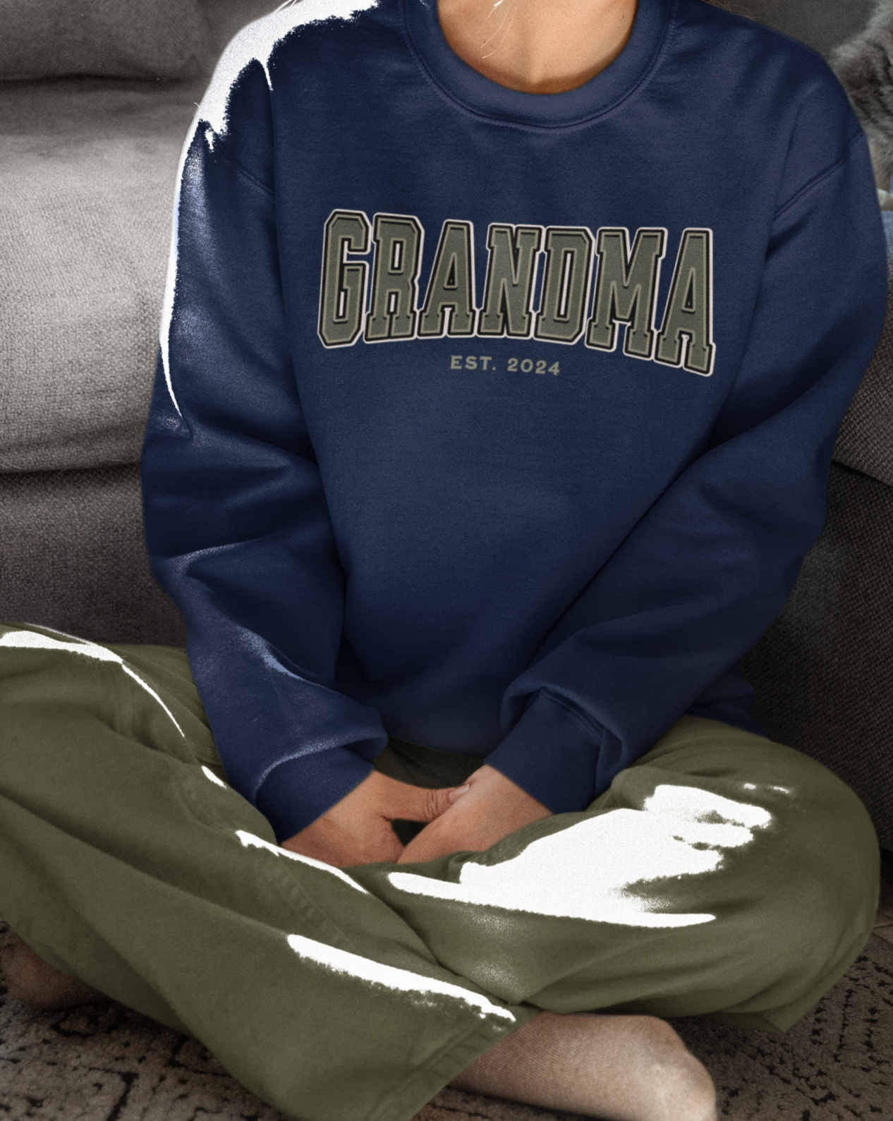 Grandma Est 2024 Army Green College Letter Sweatshirt