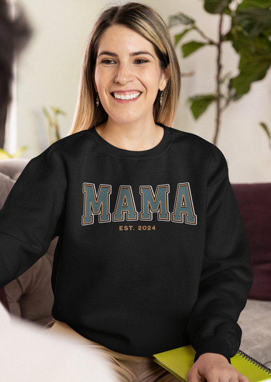 Mama Est 2024 Teal Orange College Letter Sweatshirt