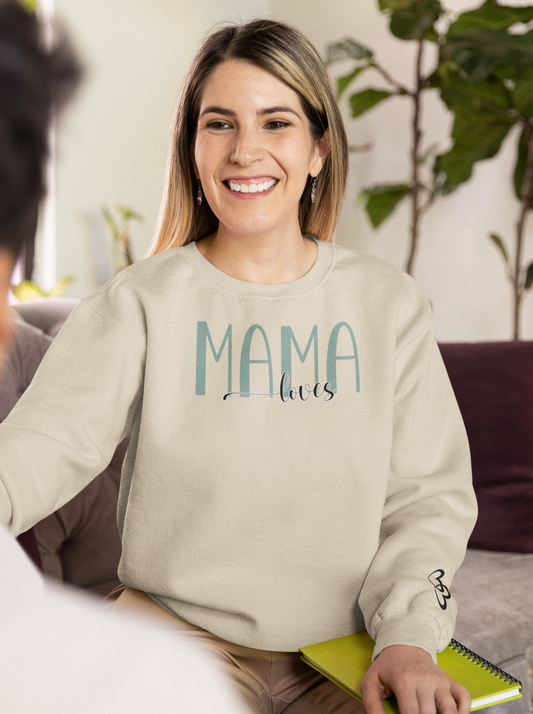 Custom Teal Mama Loves Heart Sleeve Sweatshirt