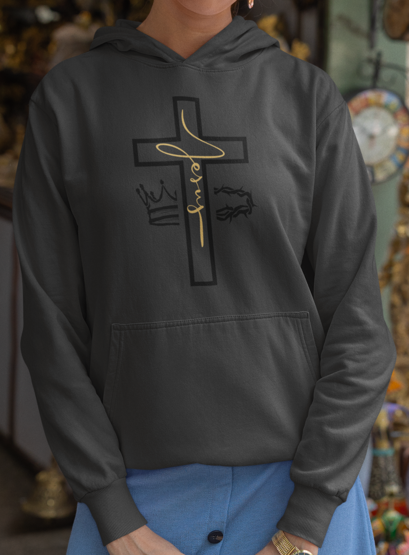 Jesus Cross & Crown Gold Outline Hoodie