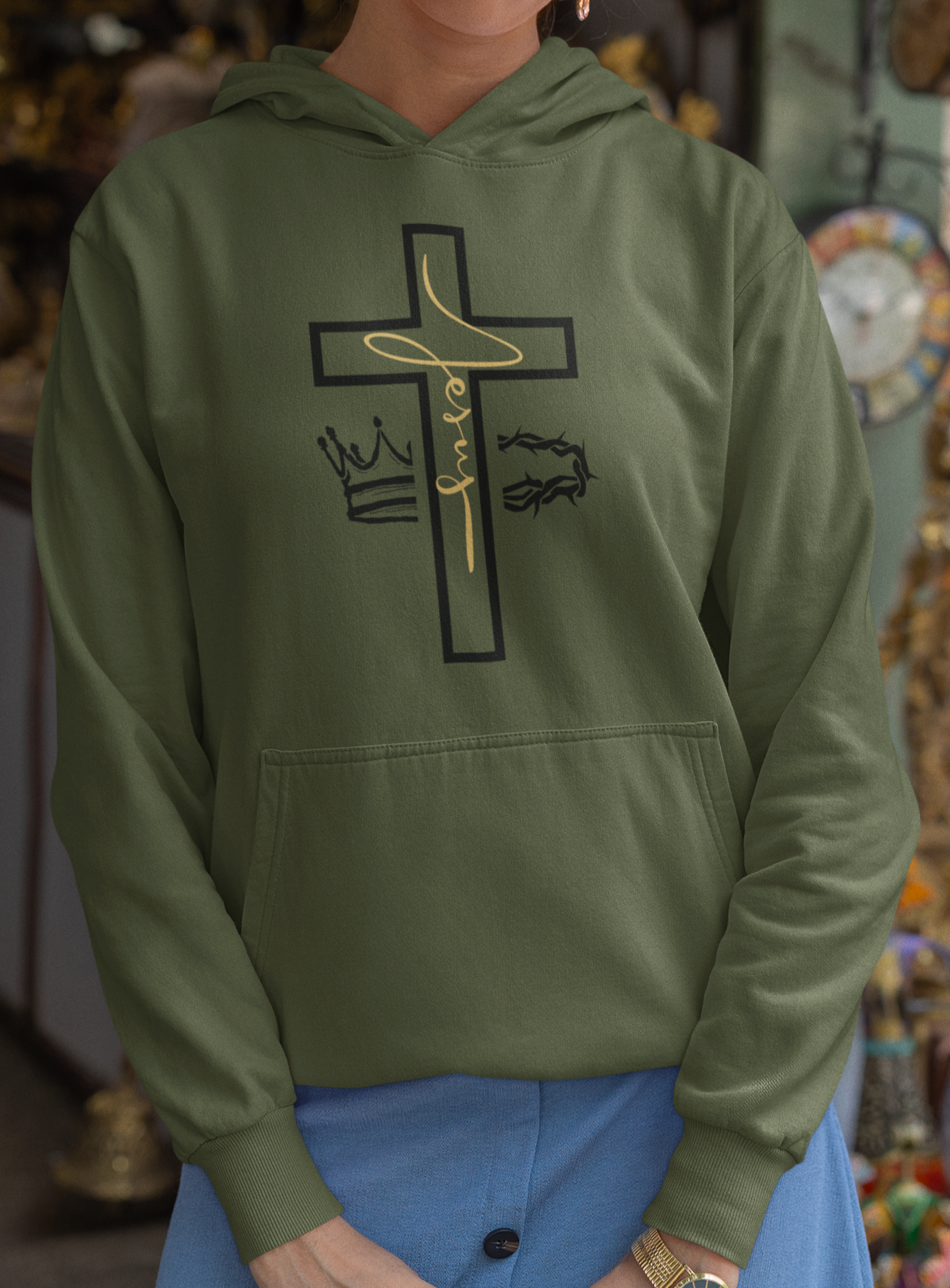 Jesus Cross & Crown Gold Outline Hoodie