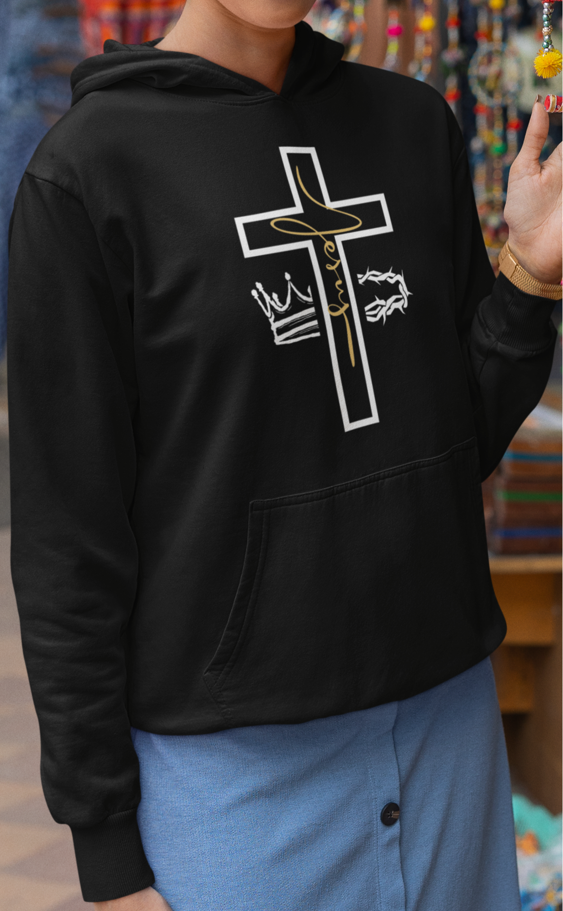 Jesus Cross & Crown Gold Outline Hoodie