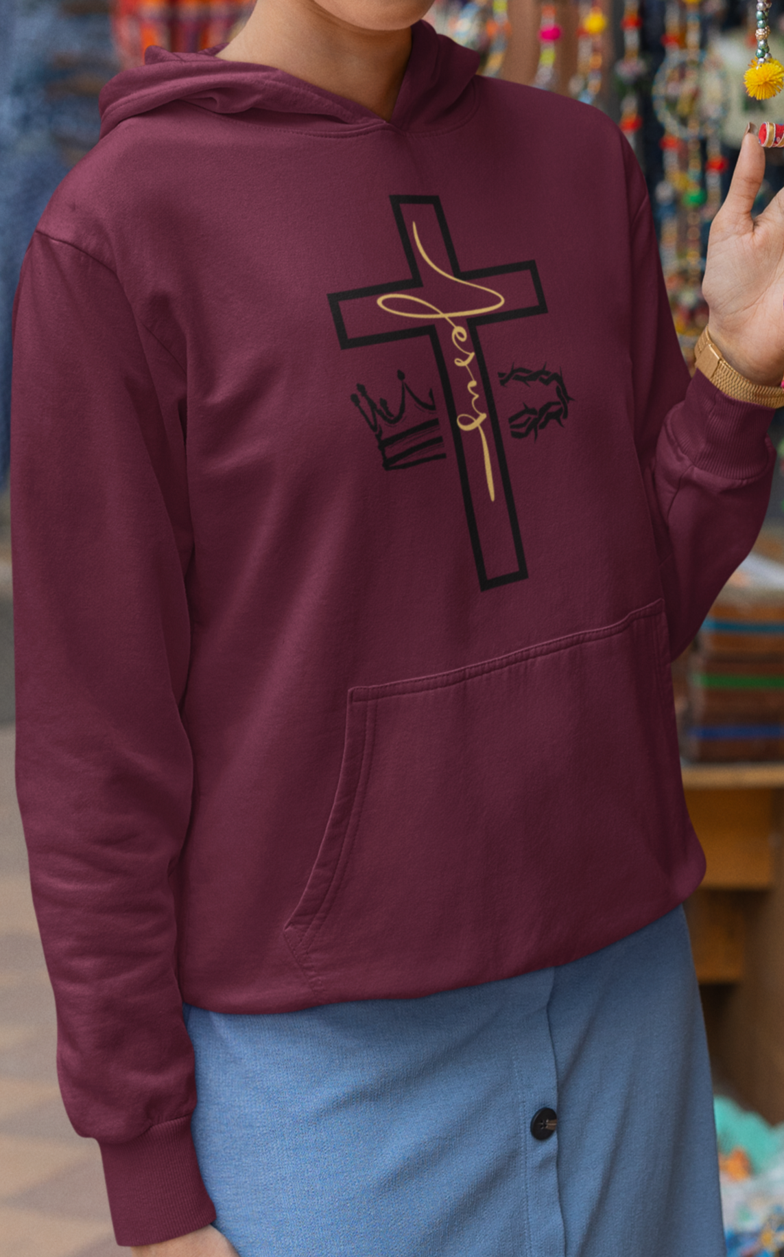 Jesus Cross & Crown Gold Outline Hoodie
