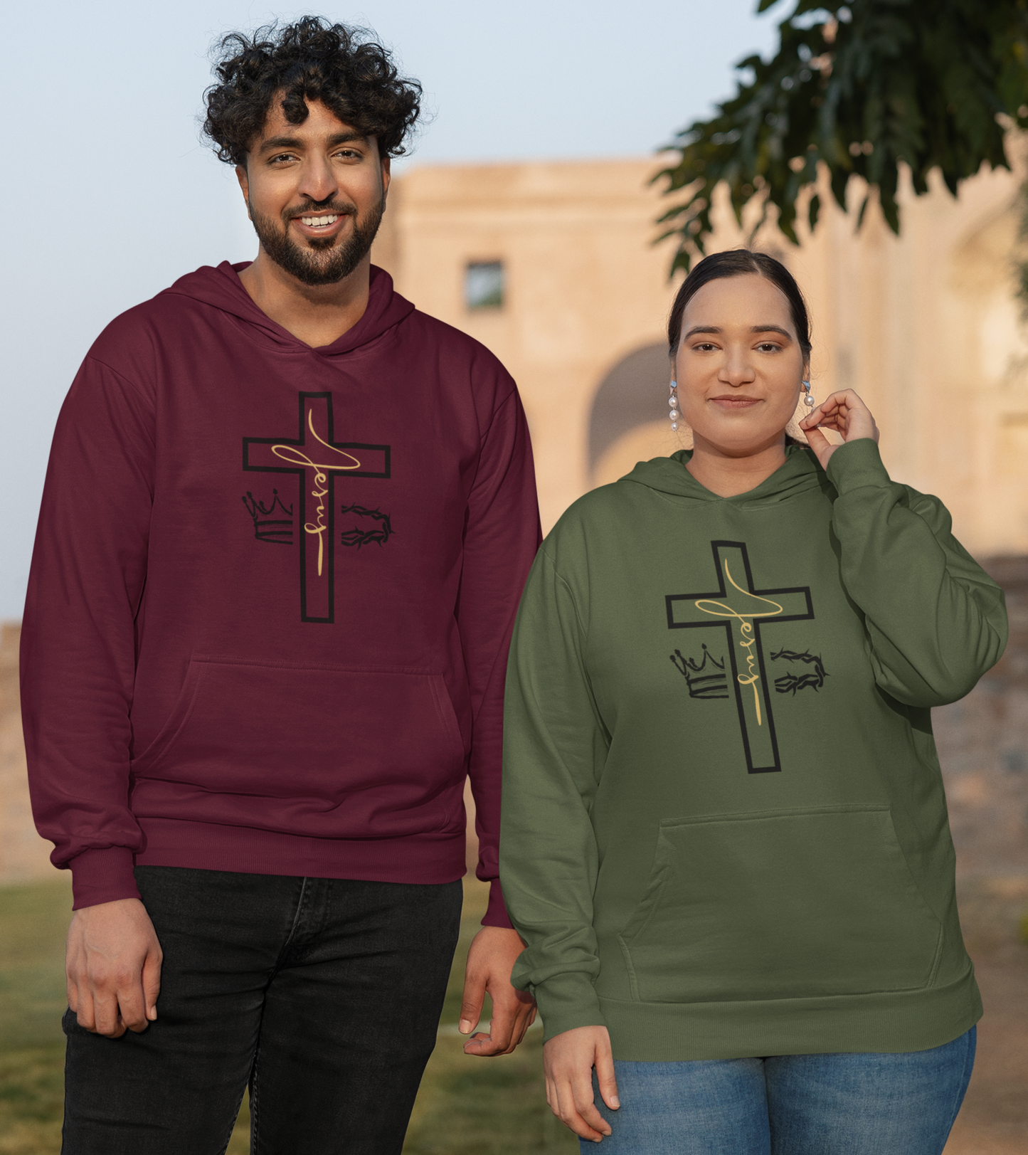 Jesus Cross & Crown Gold Outline Hoodie