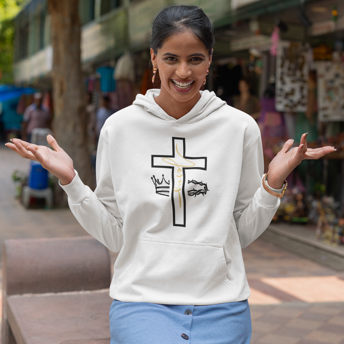 Jesus Cross & Crown Gold Outline Hoodie