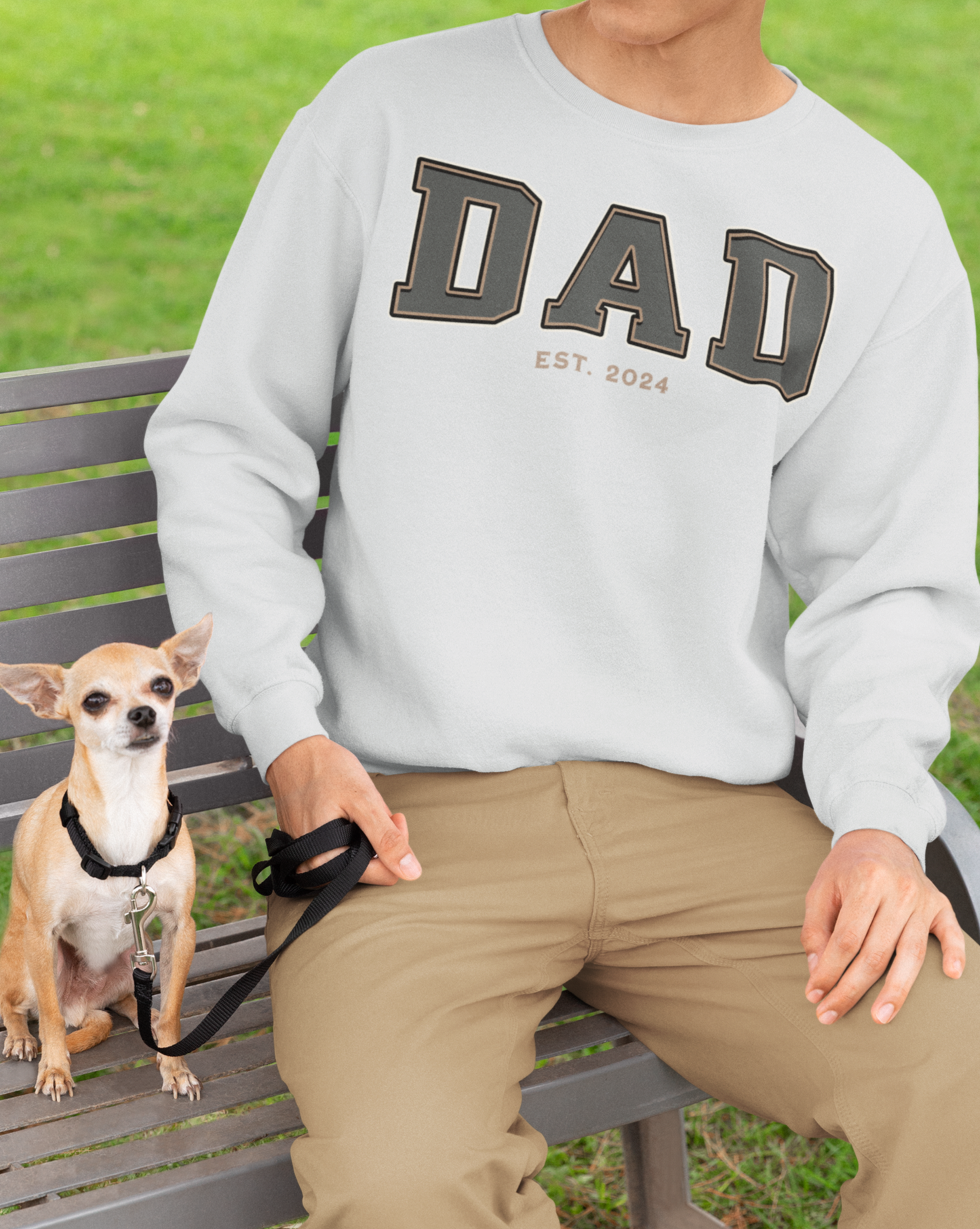 Dad Est 2024 Grey Tan College Letter Sweatshirt