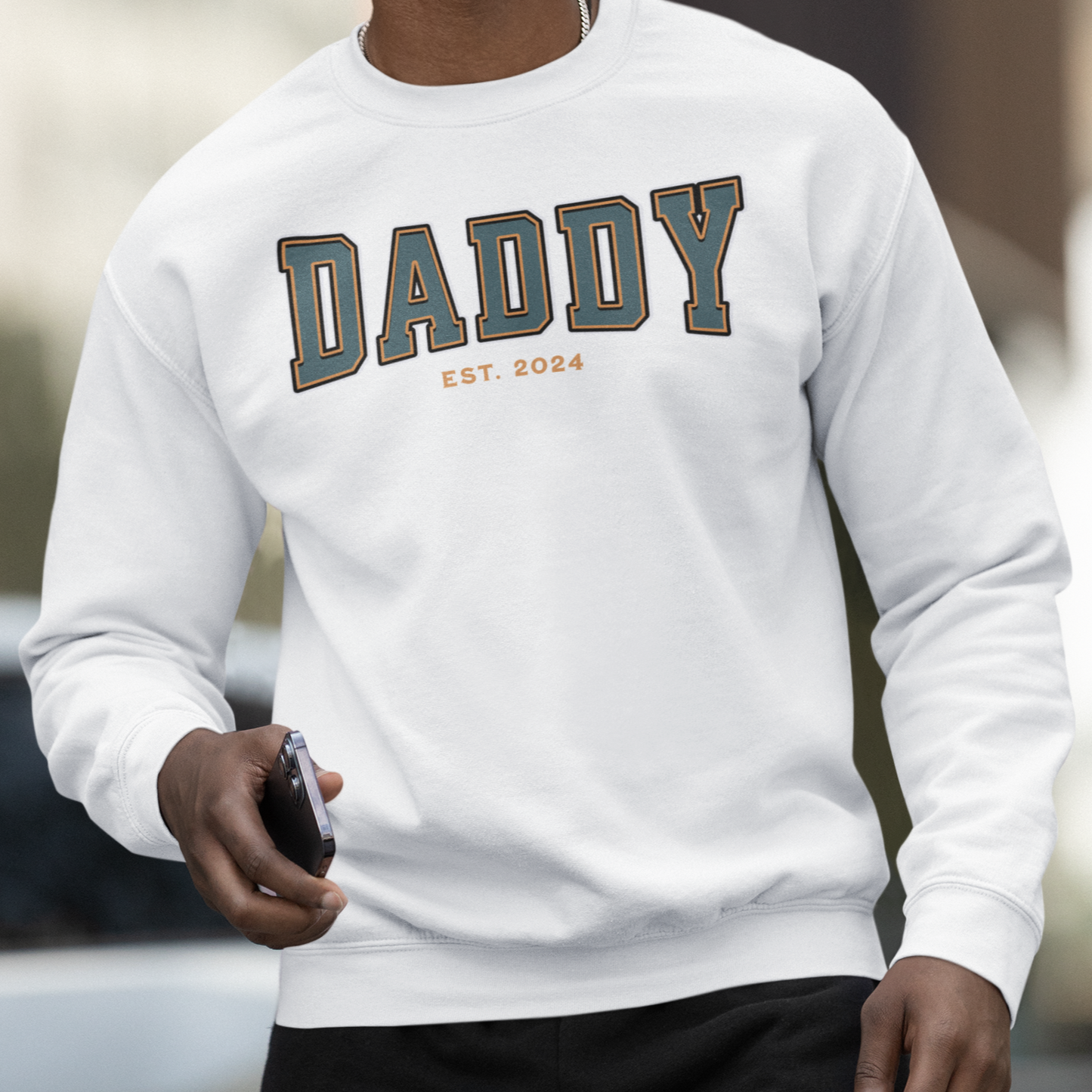 Daddy Est 2024 Teal Orange College Letter Sweatshirt