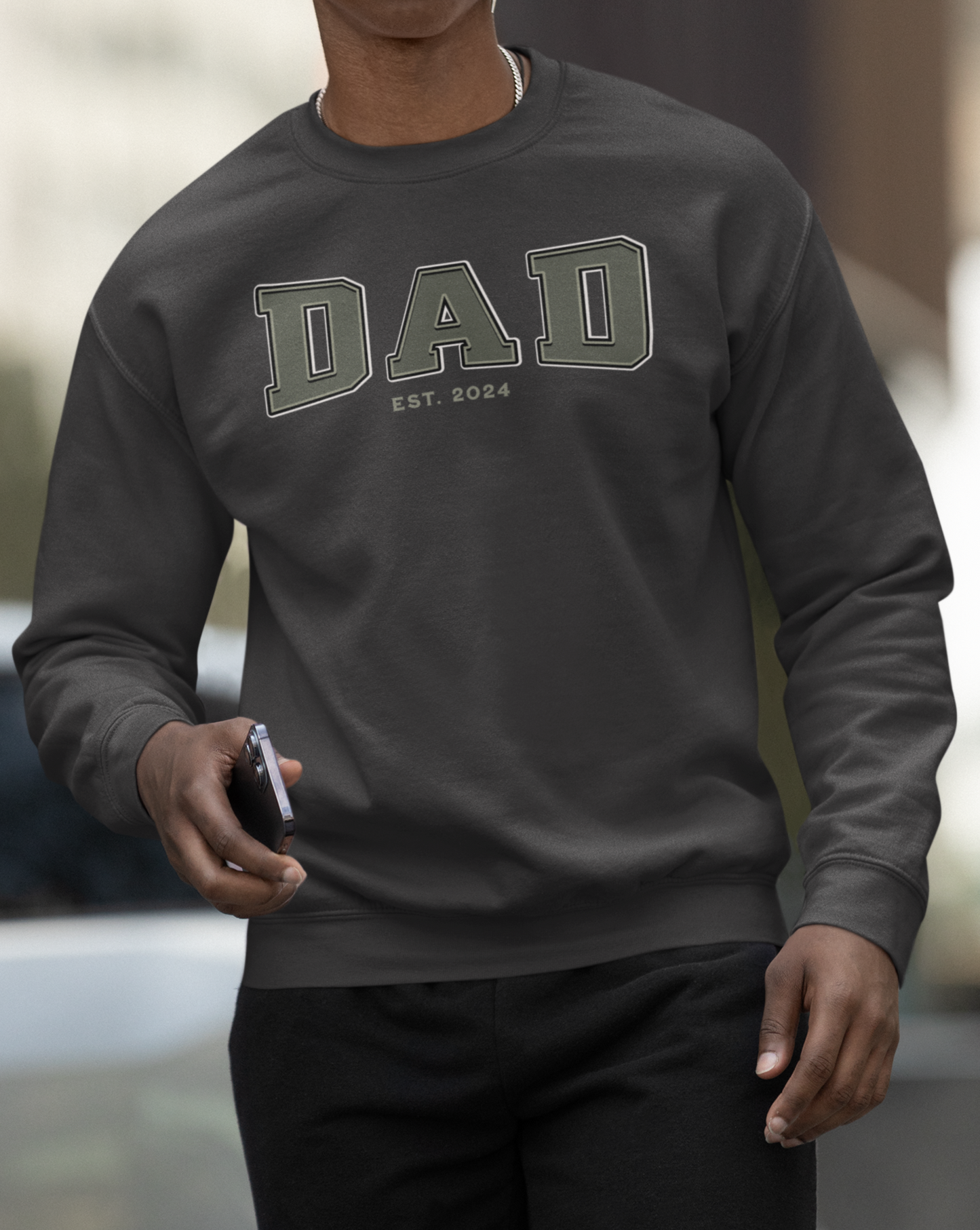 Dad Est 2024 Army Green College Letter Sweatshirt