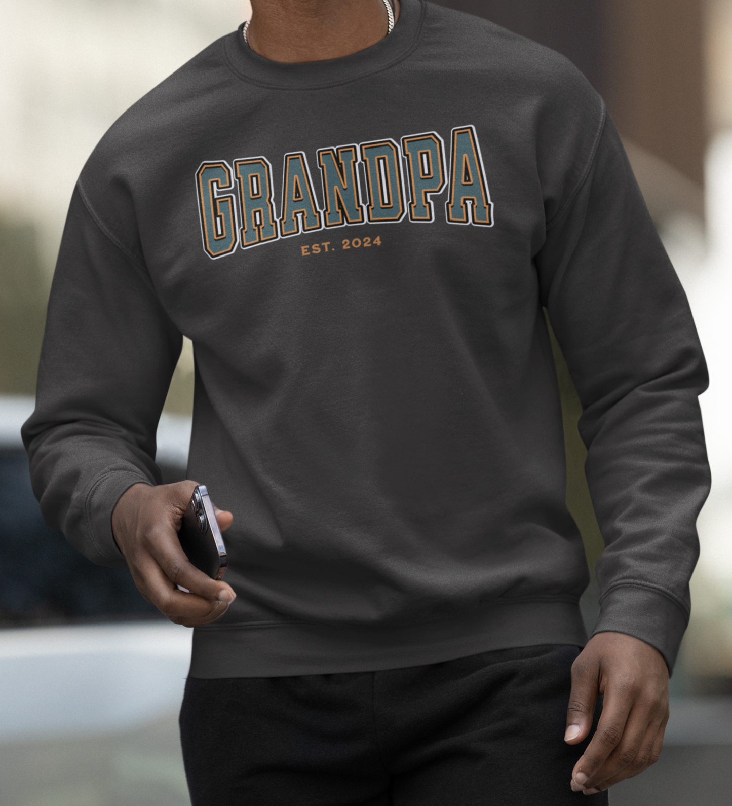 Grandpa Est 2024 Teal Orange College Letter Sweatshirt