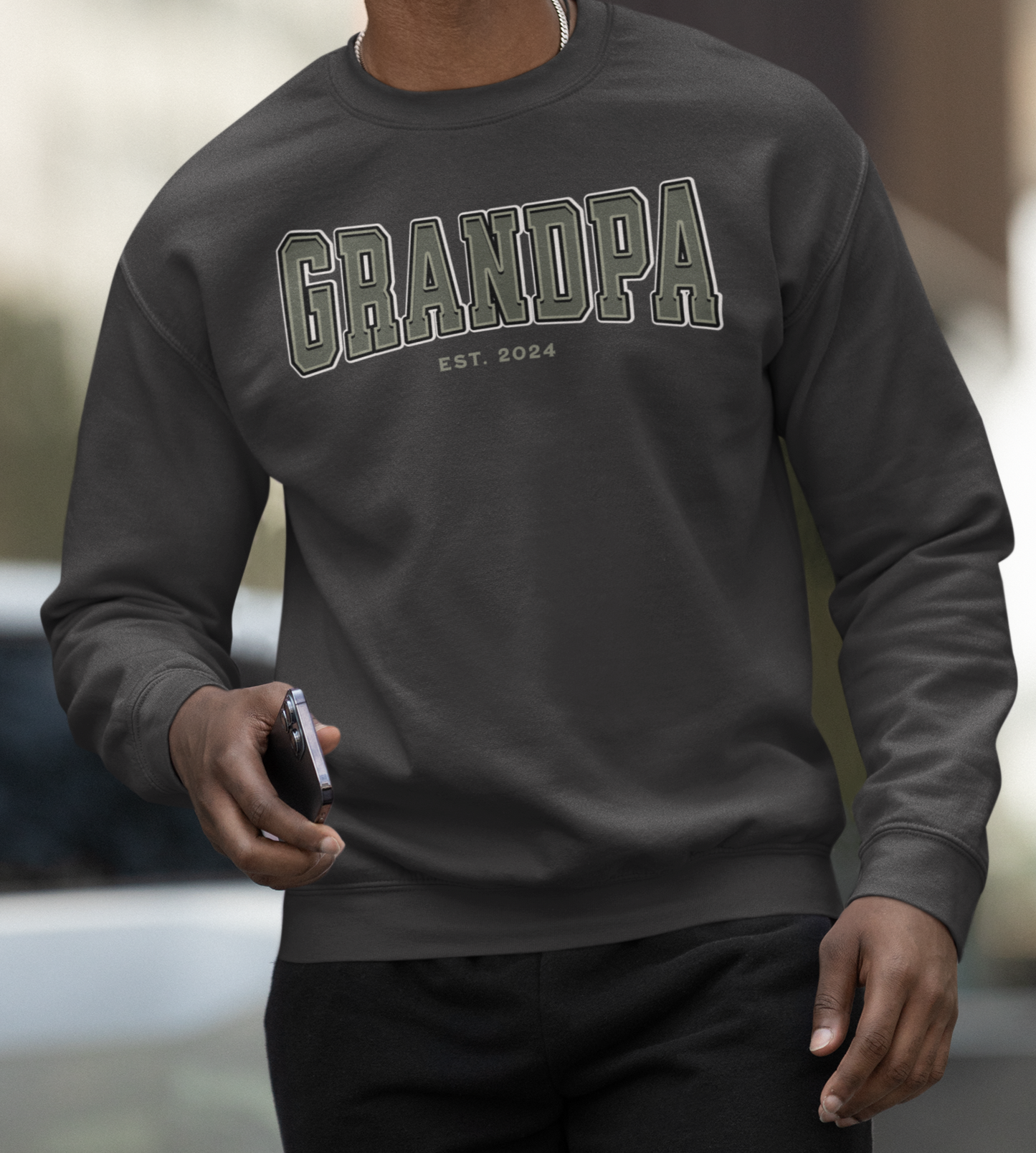 Grandpa Est 2024 Army Green College Letter Sweatshirt