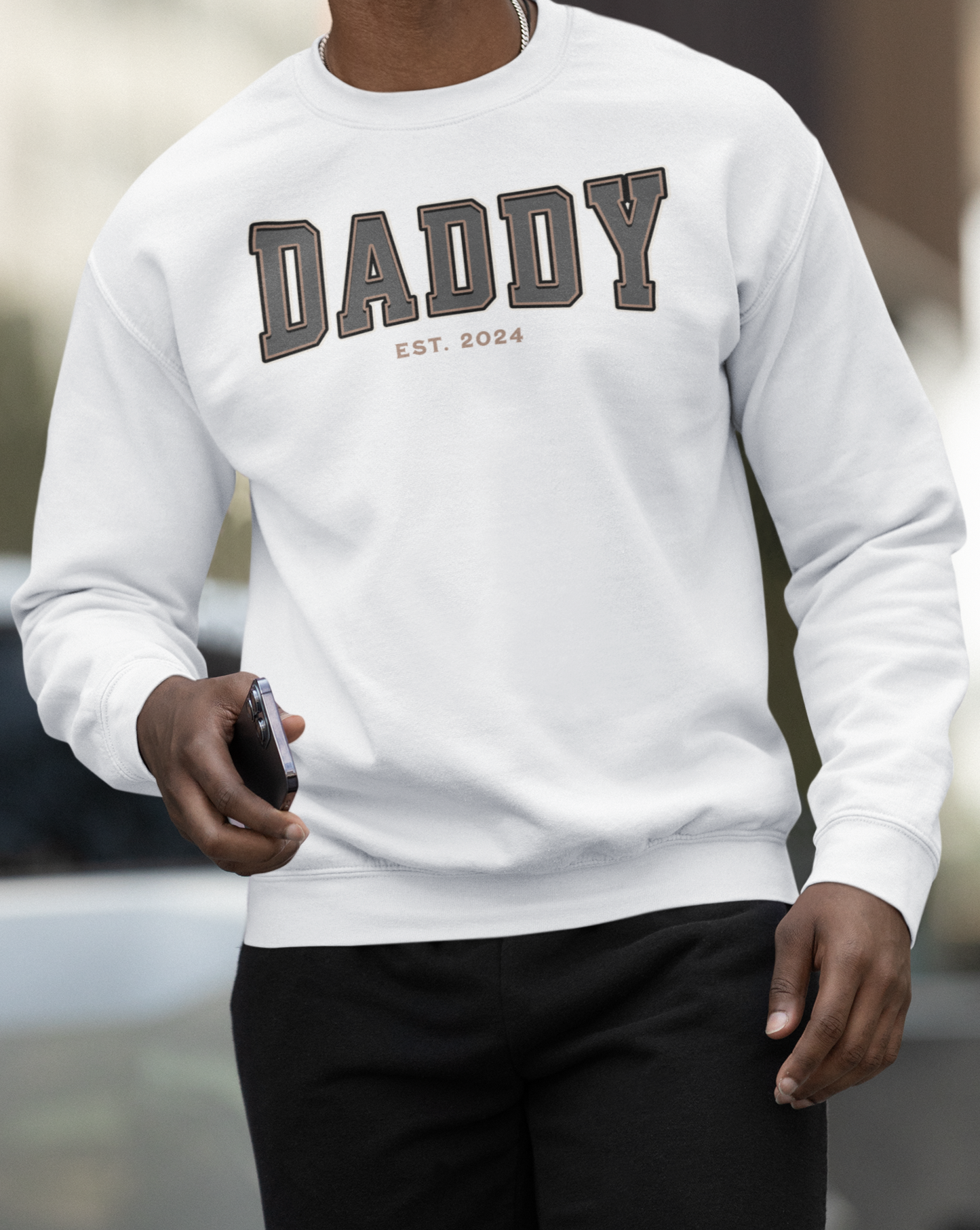 Daddy Est 2024 Grey Tan College Letter Sweatshirt